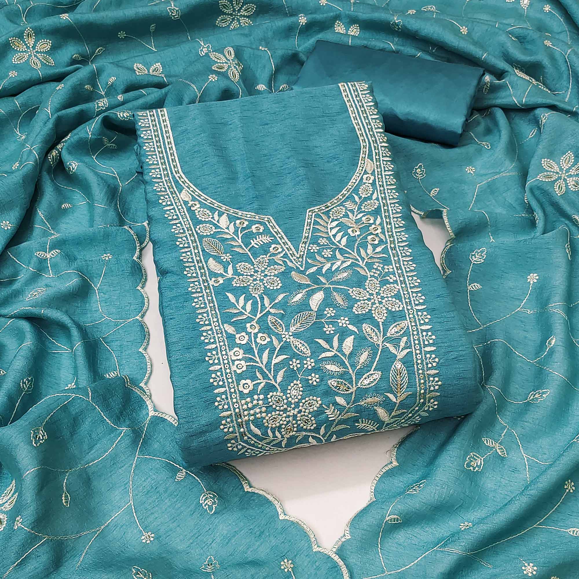 Stylish Blue Floral Thread Embroidery & Sequins Work Vichitra Silk Dress Material