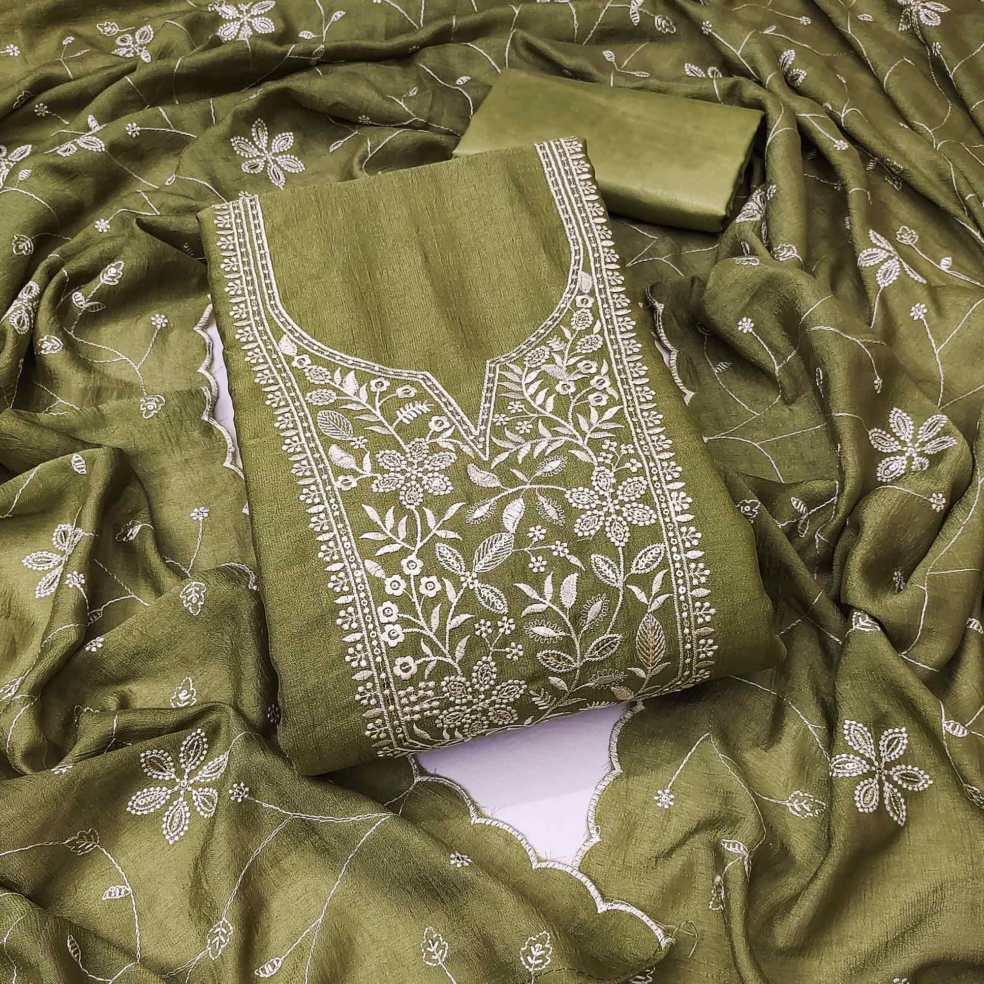 Charming Green Vichitra Silk Dress Material With Floral Thread & Sequins Work