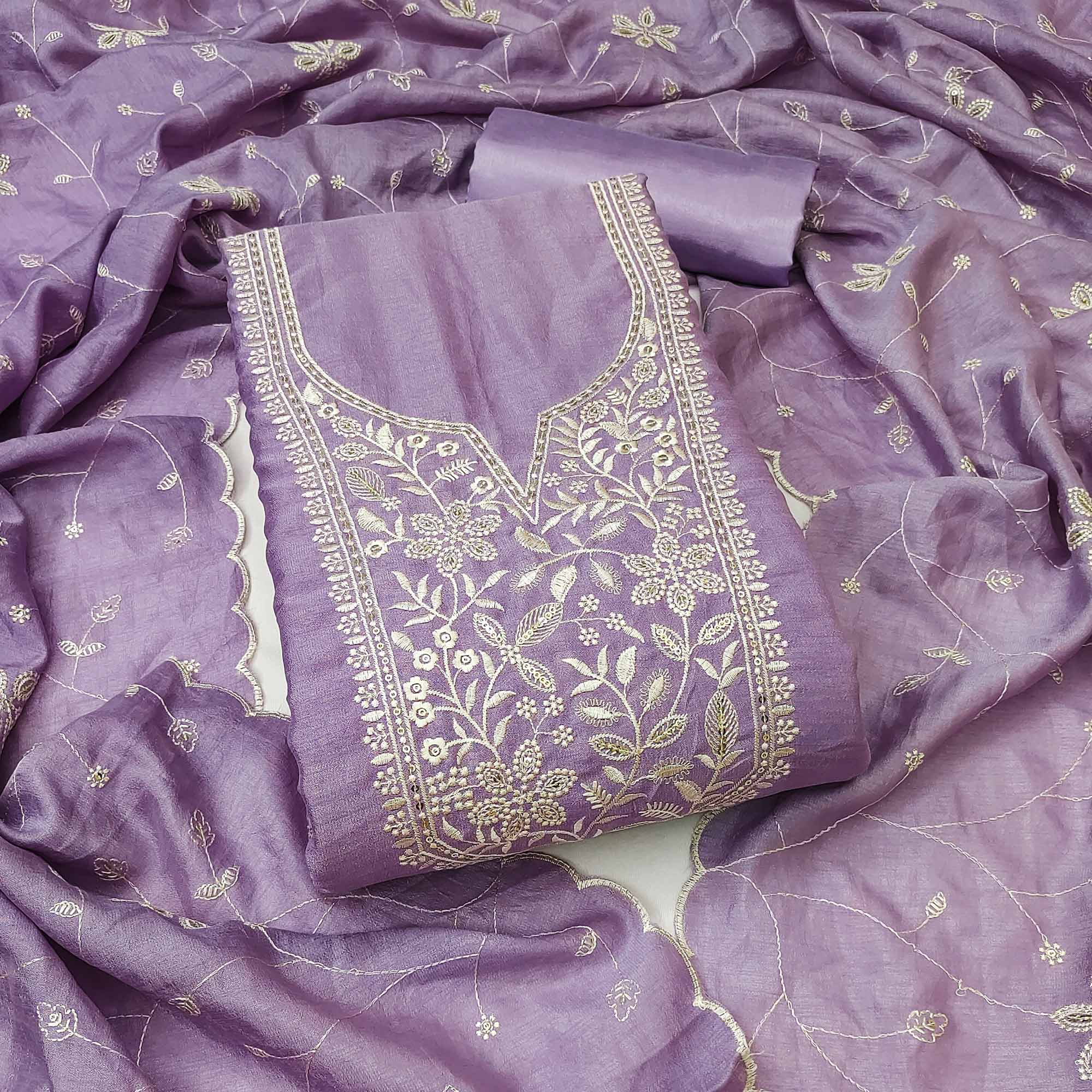 Elegant Lavender Floral Thread Embroidered With Sequins Work Vichitra Silk Dress Material