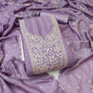 Elegant Lavender Floral Thread Embroidered With Sequins Work Vichitra Silk Dress Material