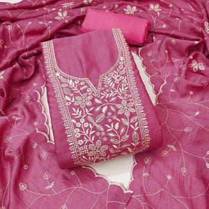 Graceful Pink Vichitra Silk Fabric Featuring Floral Thread & Sequins Work Dress Material