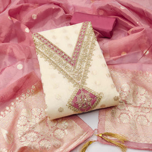 Cream & Gajari Pink Shimmer Featuring Floral Butti Weaving With Cording Embroidered Dress Material