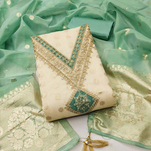 Cream & Green Shimmer Featuring Floral Butti Weaving With Cording Embroidered Dress Material