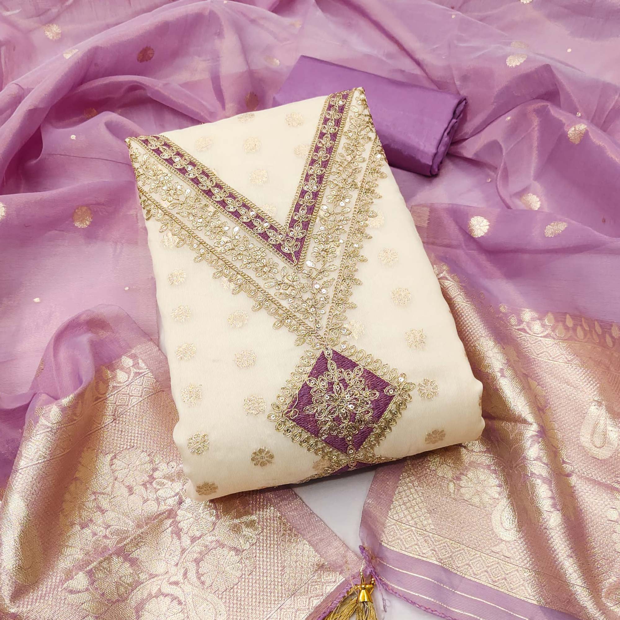 Cream & Lavender Shimmer Featuring Floral Butti Weaving With Cording Embroidered Dress Material