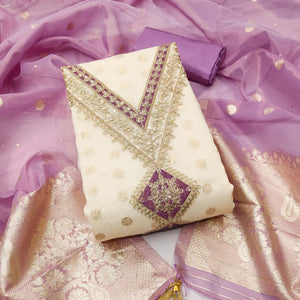 Cream & Lavender Shimmer Featuring Floral Butti Weaving With Cording Embroidered Dress Material