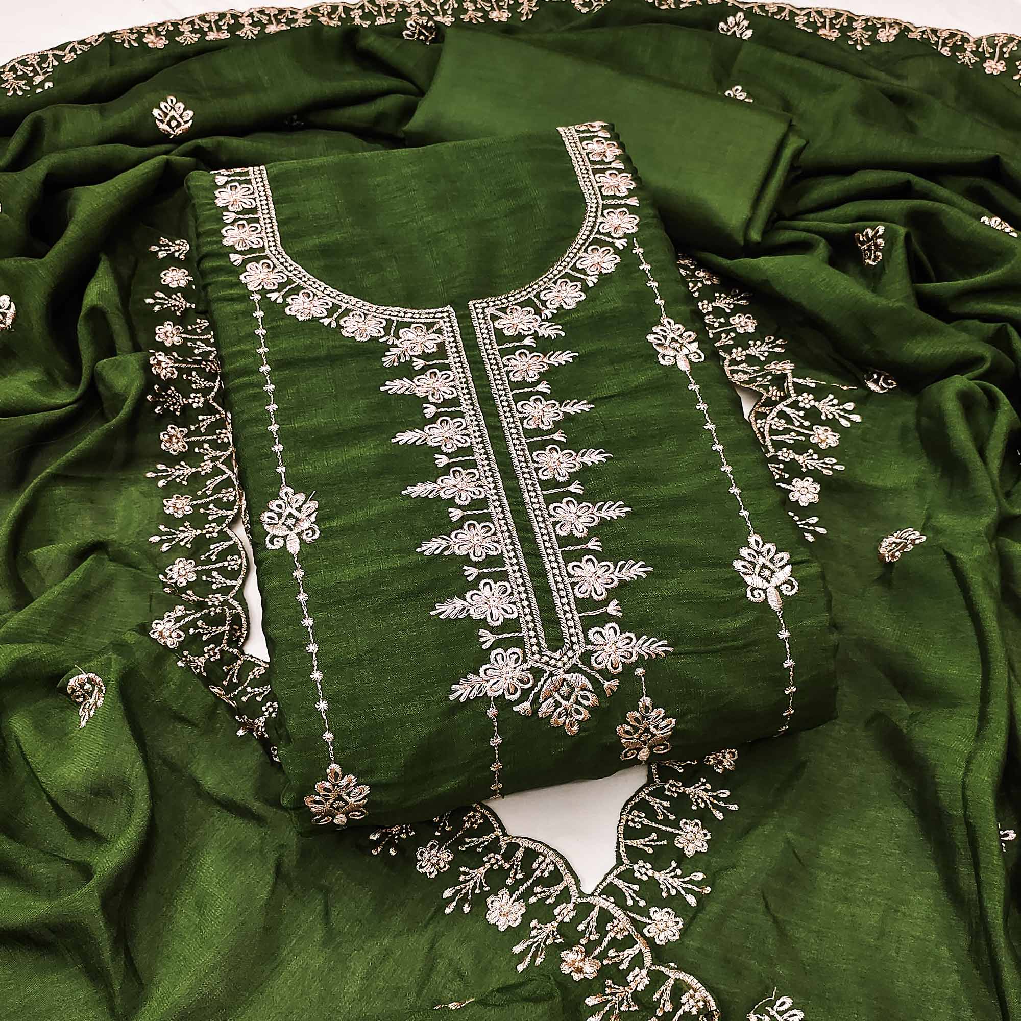 Green Floral Elegance Zari Embroidered Vichitra Silk Dress Material