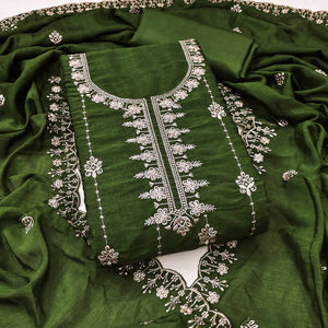 Green Floral Elegance Zari Embroidered Vichitra Silk Dress Material