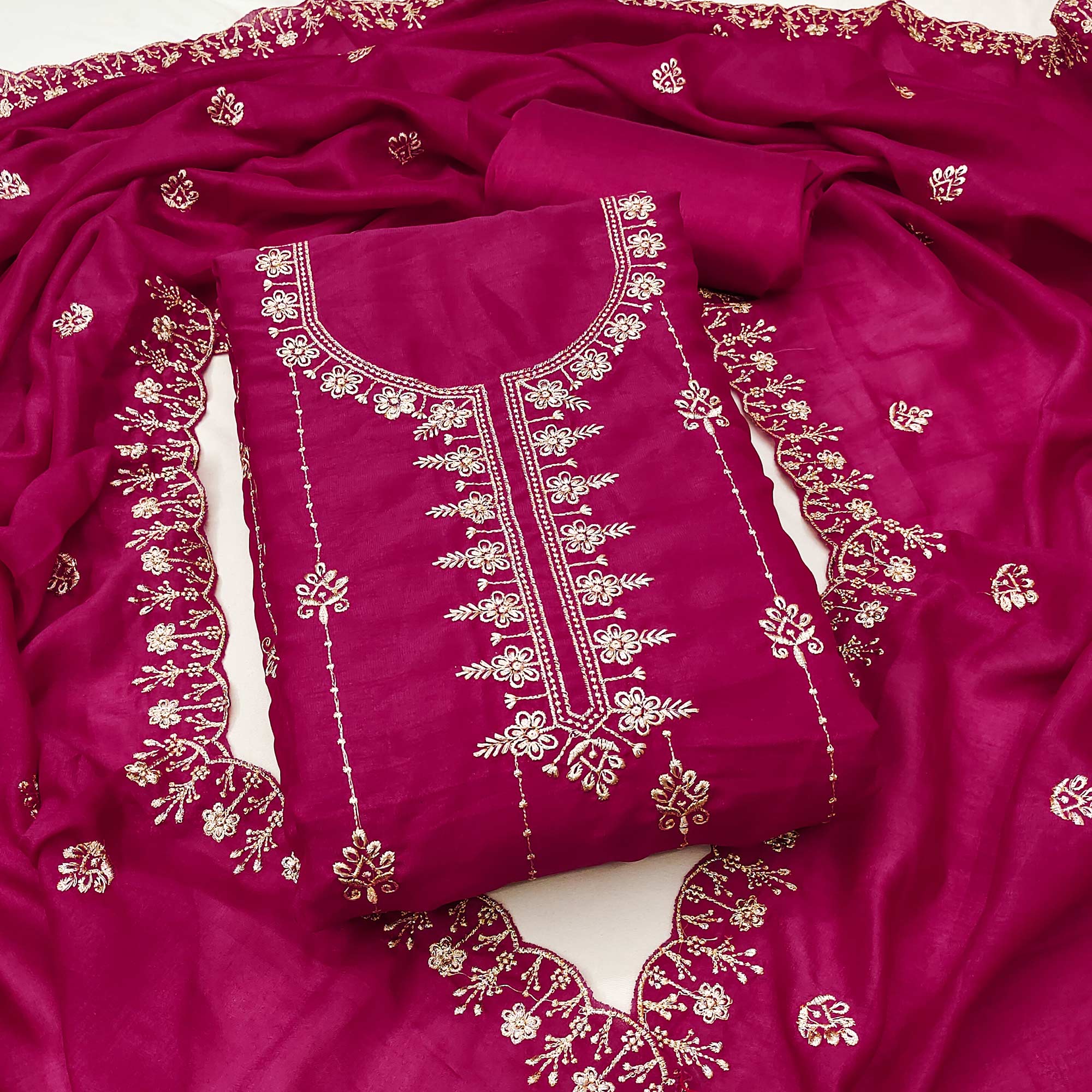Pink Floral Elegance Zari Embroidered Vichitra Silk Dress Material