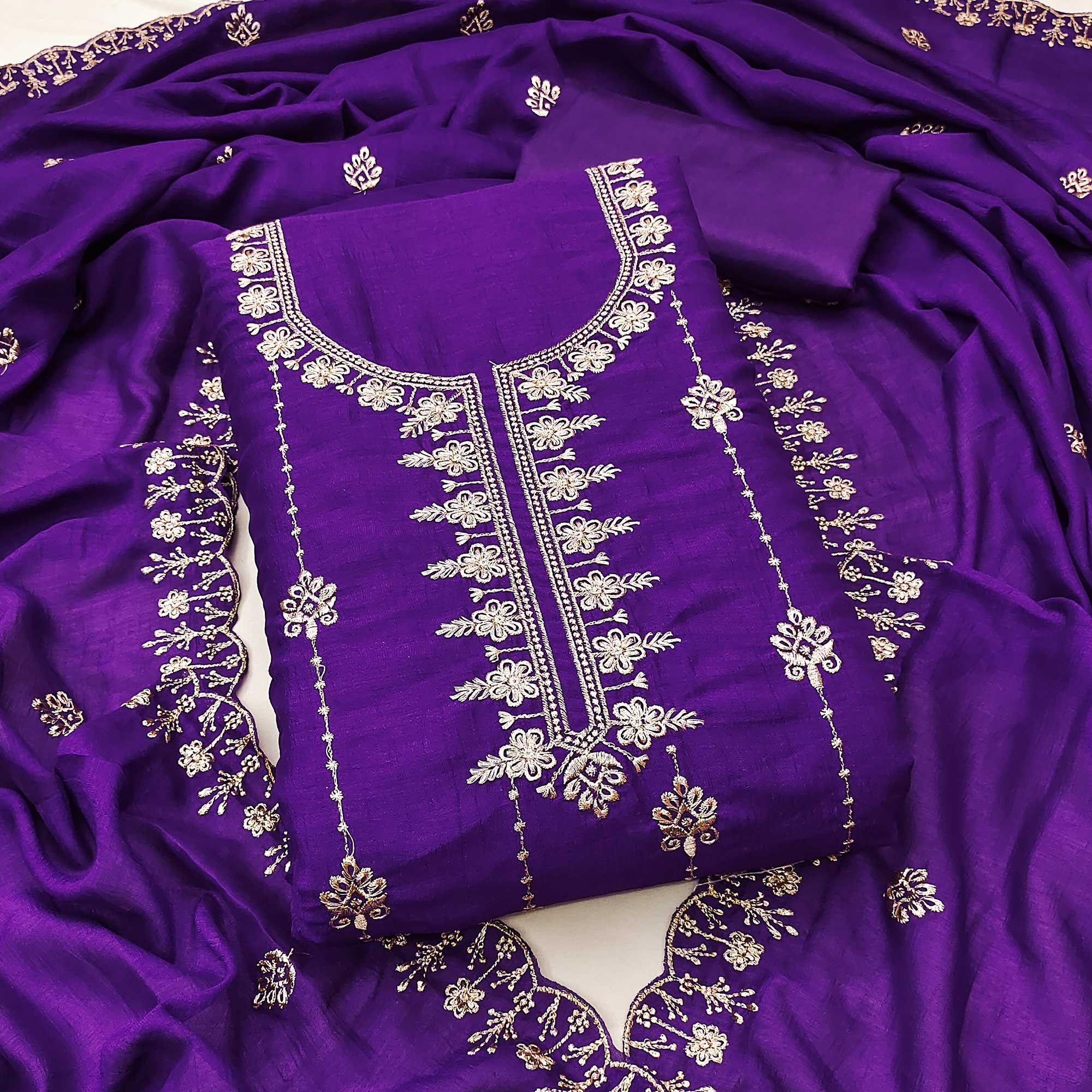 Purple Floral Elegance Zari Embroidered Vichitra Silk Dress Material