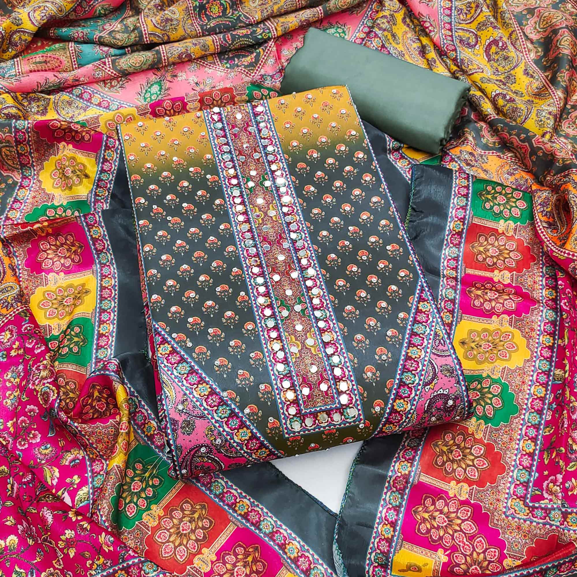 Grey Floral Printed Chinon Dress Material Embellished With Mirror & Stone Work