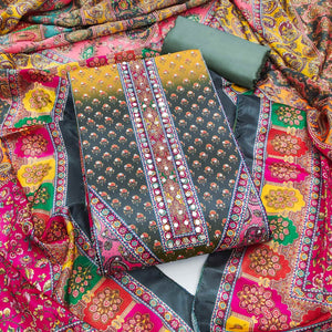 Grey Floral Printed Chinon Dress Material Embellished With Mirror & Stone Work