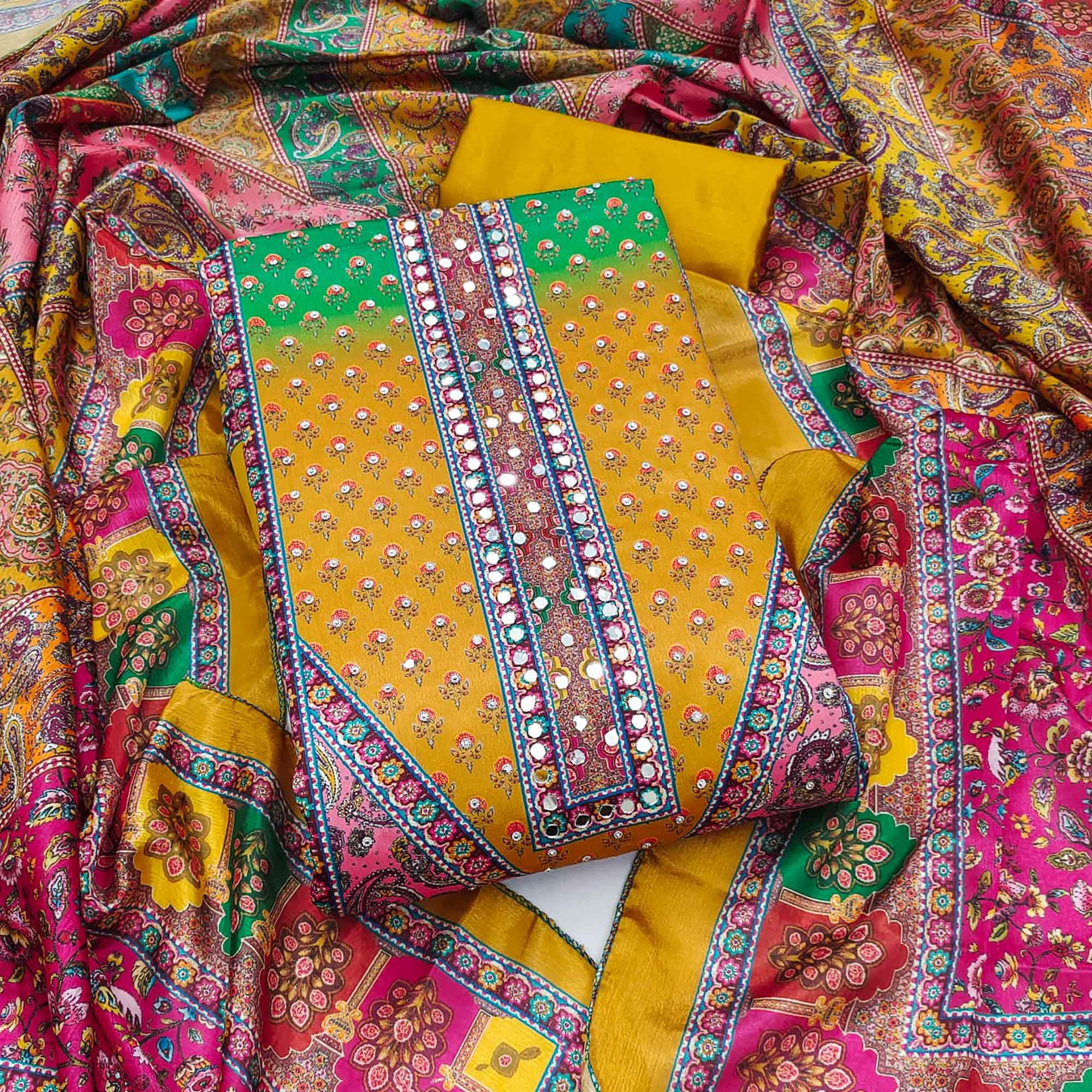 Mustard Floral Printed Chinon Dress Material Embellished With Mirror & Stone Work