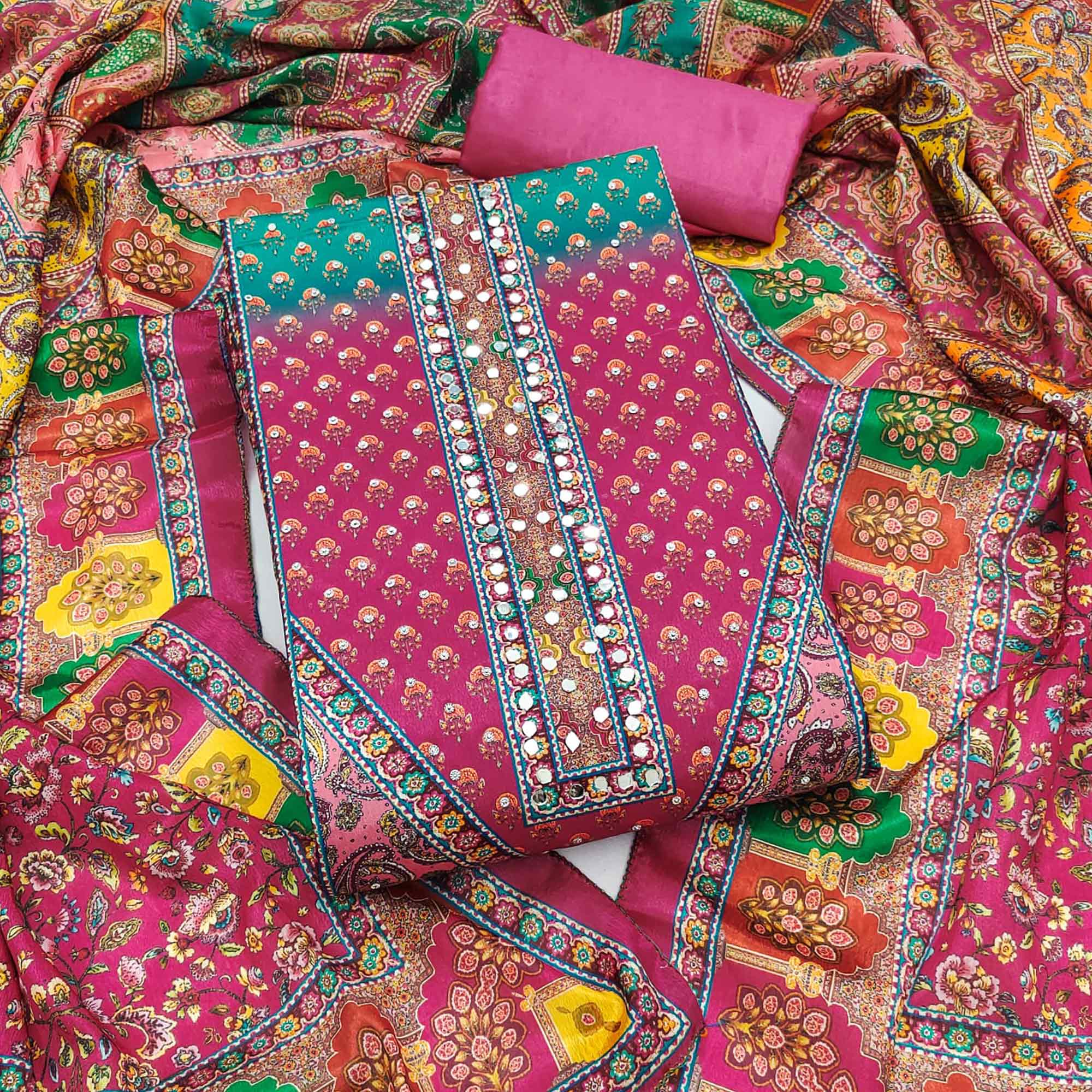 Pink Floral Printed Chinon Dress Material Embellished With Mirror & Stone Work