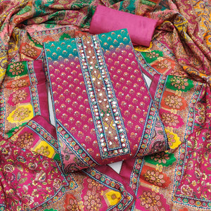 Pink Floral Printed Chinon Dress Material Embellished With Mirror & Stone Work