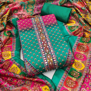 Rama Green Floral Printed Chinon Dress Material Embellished With Mirror & Stone Work