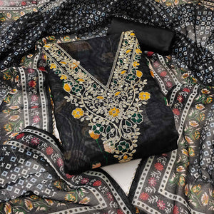 Black Chanderi Silk Dress Material With Digital Floral Print & Cording Embroidery Work