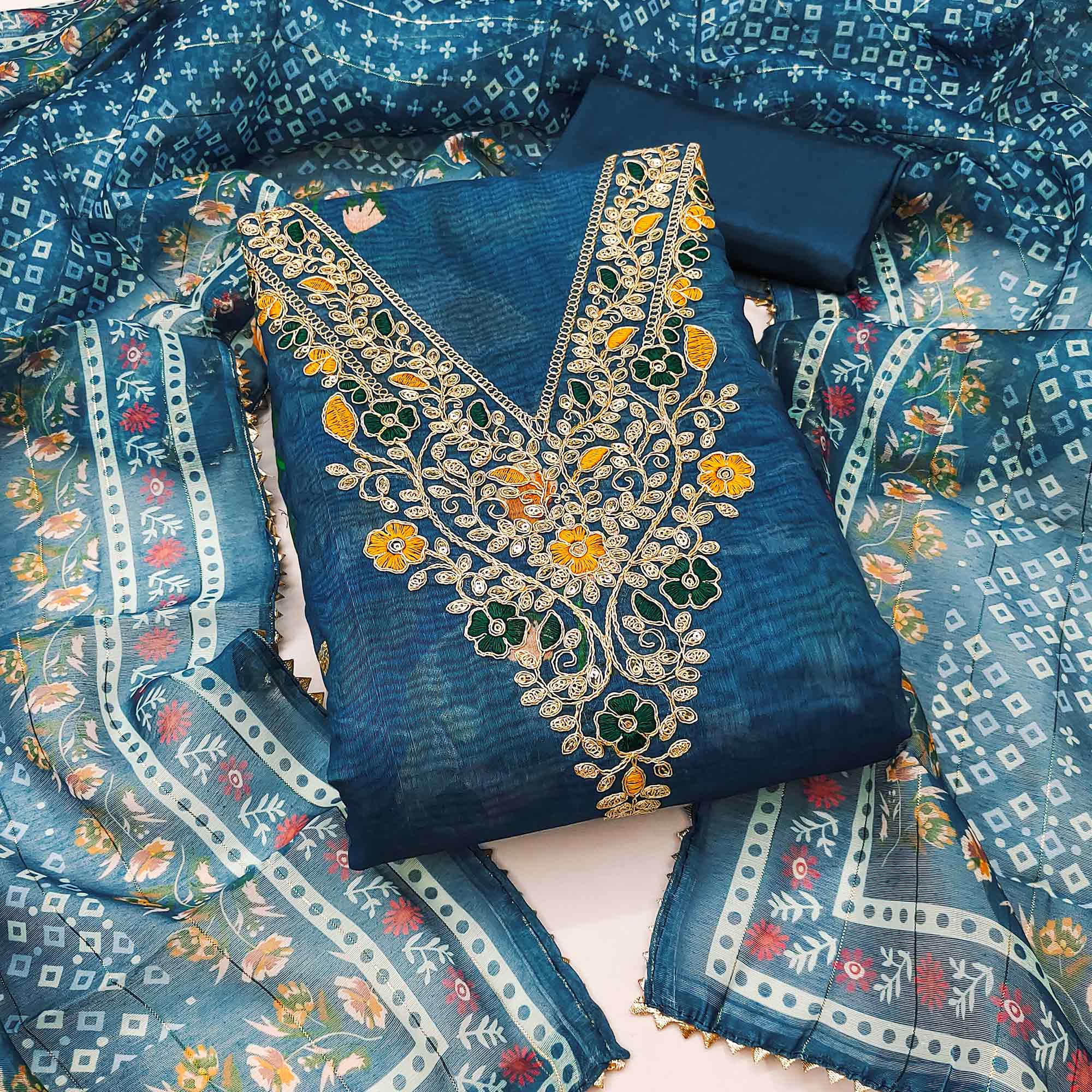 Blue Chanderi Silk Dress Material With Digital Floral Print & Cording Embroidery Work