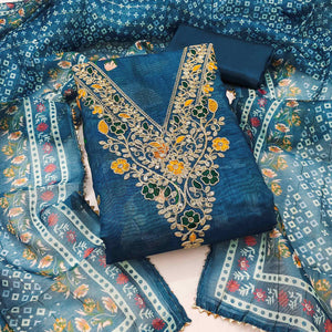 Blue Chanderi Silk Dress Material With Digital Floral Print & Cording Embroidery Work