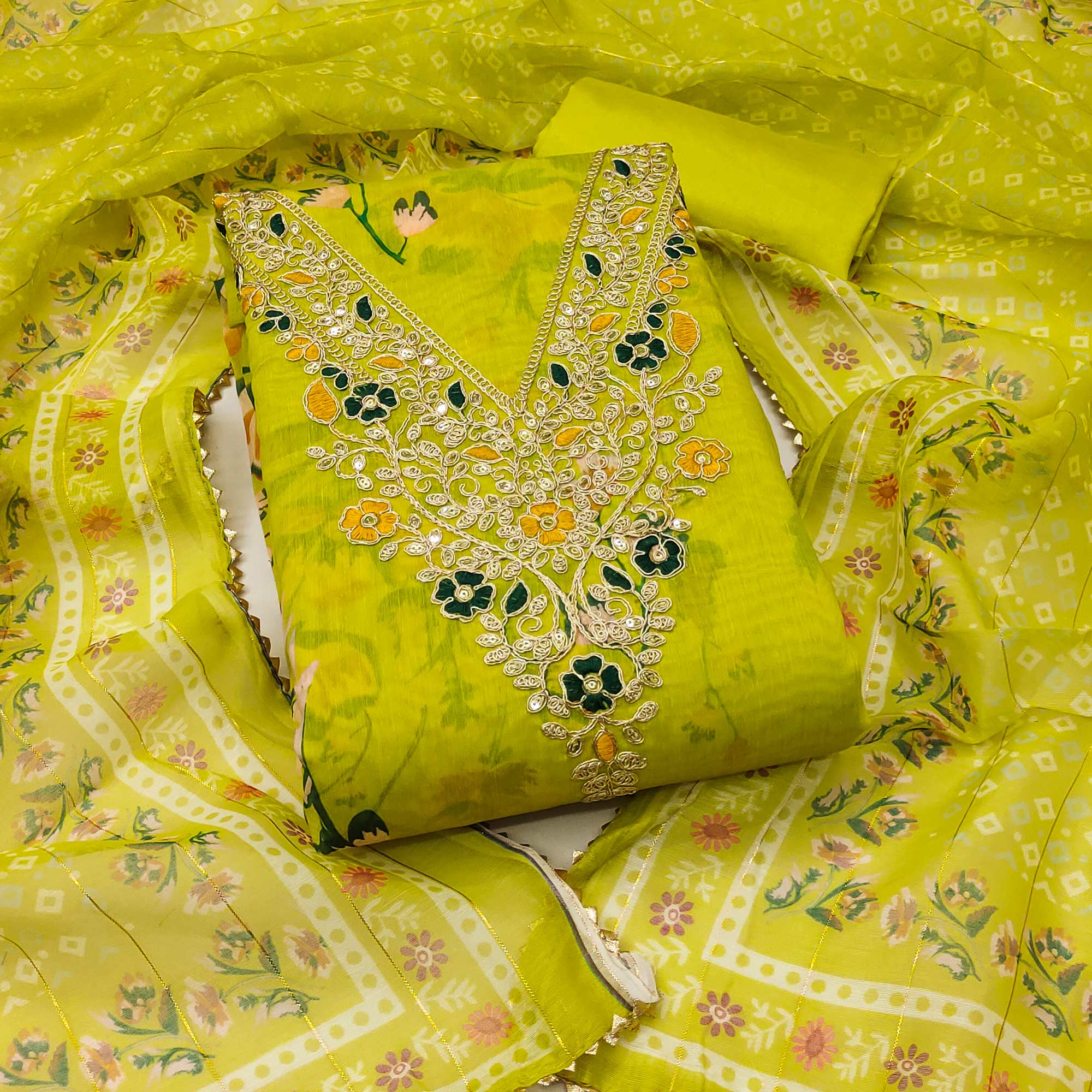 Green Chanderi Silk Dress Material With Digital Floral Print & Cording Embroidery Work