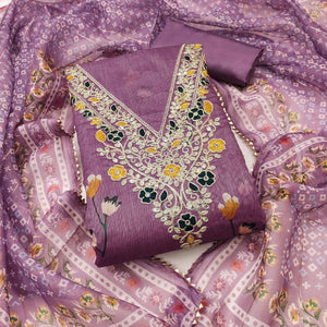Lavender Chanderi Silk Dress Material With Digital Floral Print & Cording Embroidery Work