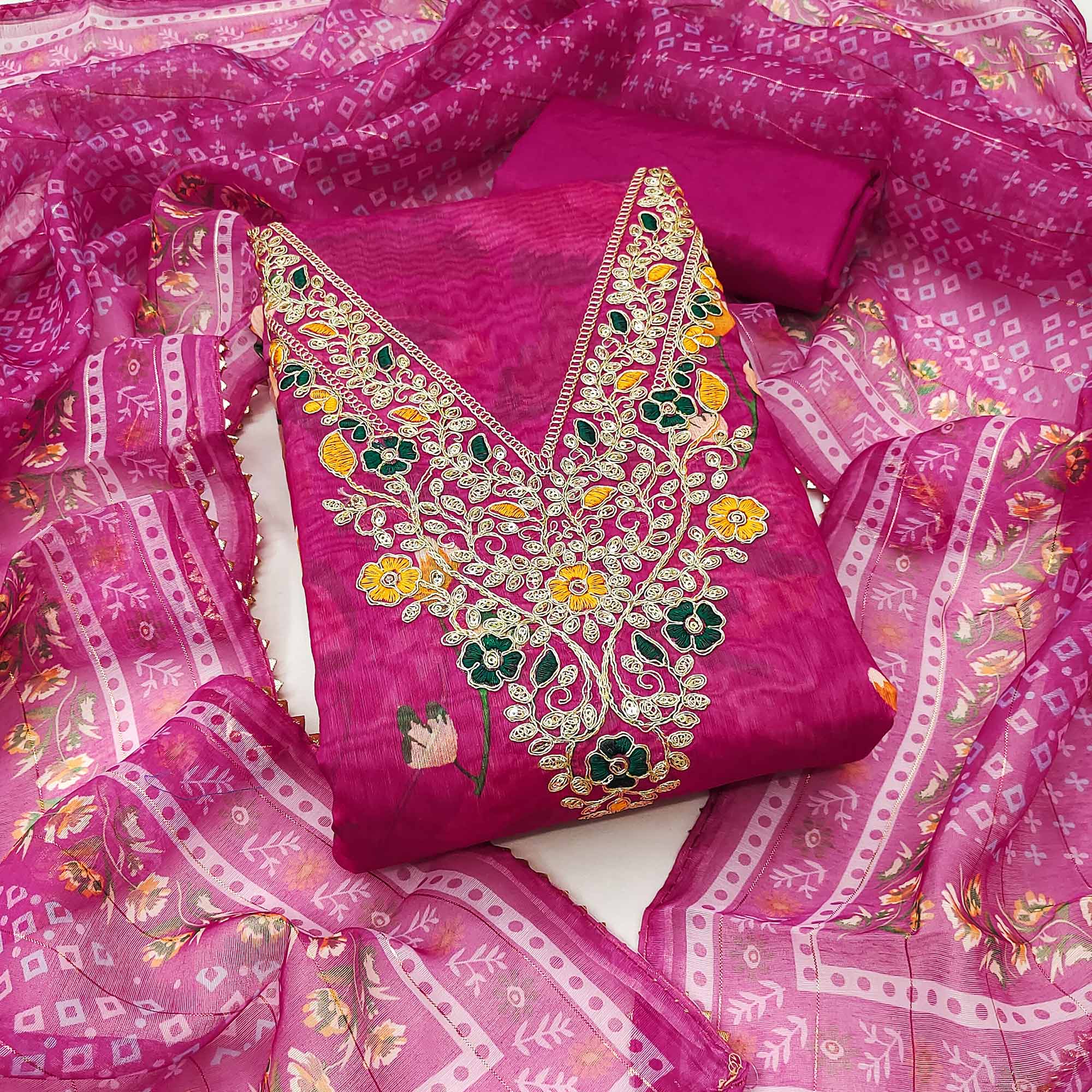 Rani Pink Chanderi Silk Dress Material With Digital Floral Print & Cording Embroidery Work