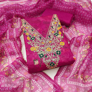 Rani Pink Chanderi Silk Dress Material With Digital Floral Print & Cording Embroidery Work