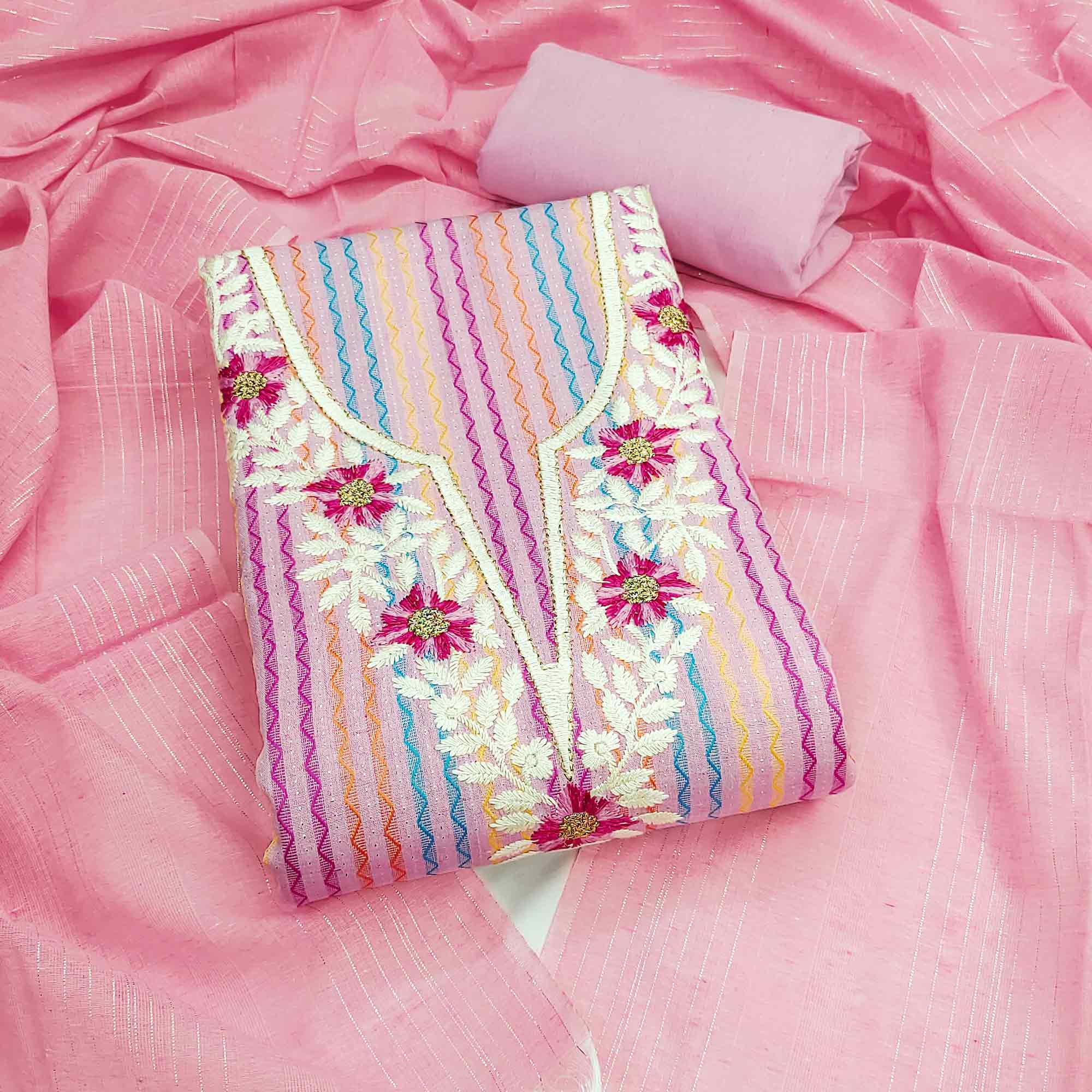 Pink Cotton Blend Dress Material Highlighted With Floral Embroidery & Modern Stripes