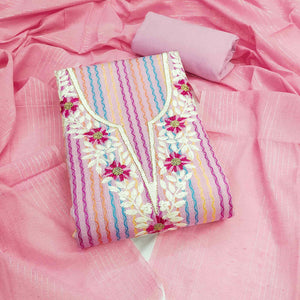 Pink Cotton Blend Dress Material Highlighted With Floral Embroidery & Modern Stripes