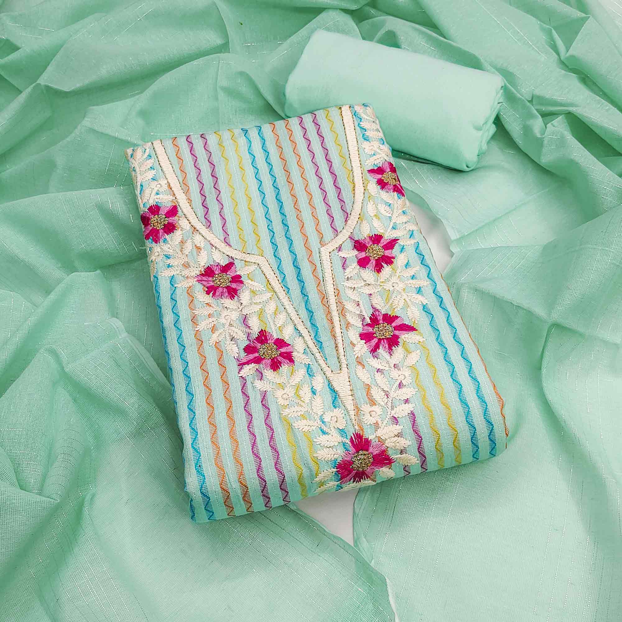 Sea Green Cotton Blend Dress Material Highlighted With Floral Embroidery & Modern Stripes