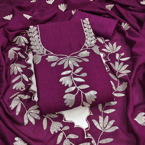 Purple  Vichitra Silk Dress Material Accented With Delicate Floral Thread Embroidery & Sequins