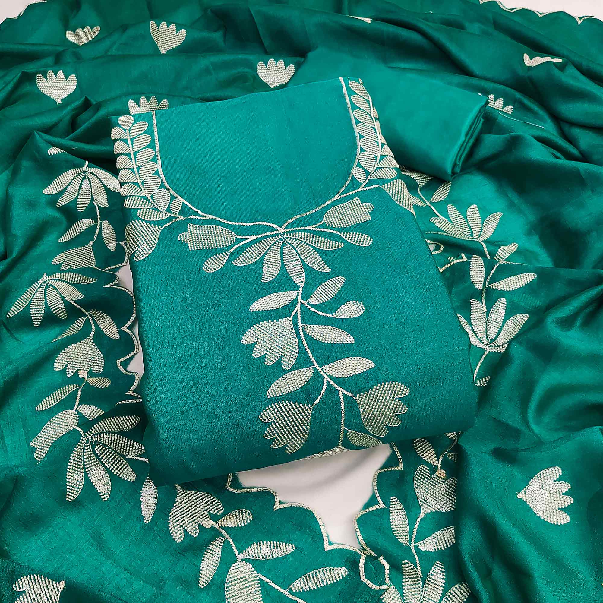 Rama Green Vichitra Silk Dress Material Accented With Delicate Floral Thread Embroidery & Sequins