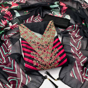 Black Floral Digital Printed With Cording Embroidered Vichitra Silk Dress Material