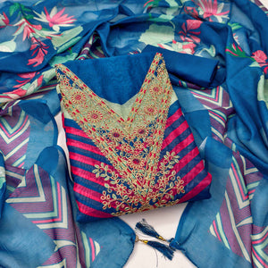 Blue Floral Digital Printed With Cording Embroidered Vichitra Silk Dress Material