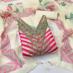 Cream Floral Digital Printed With Cording Embroidered Vichitra Silk Dress Material