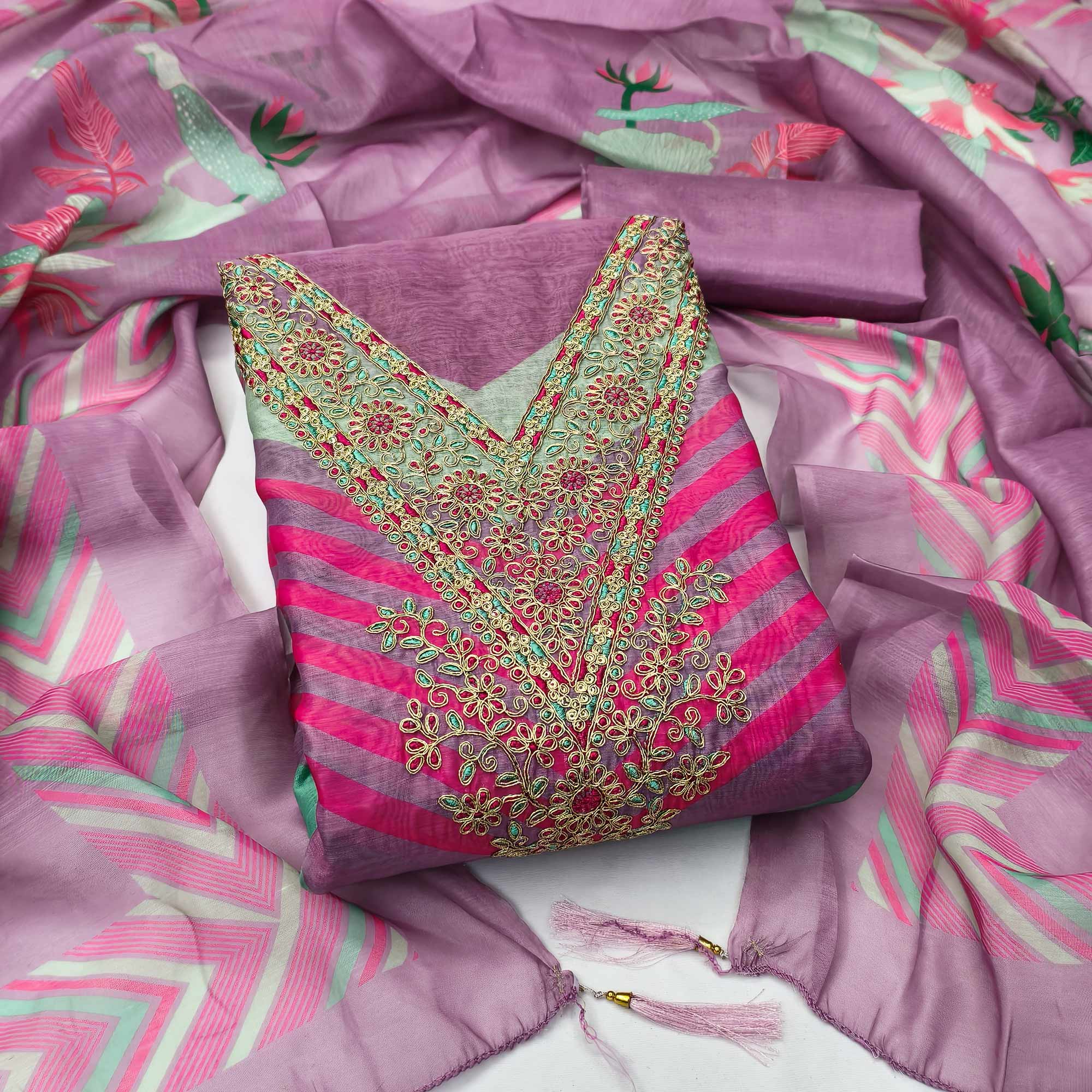 Lavender Floral Digital Printed With Cording Embroidered Vichitra Silk Dress Material