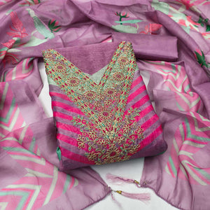 Lavender Floral Digital Printed With Cording Embroidered Vichitra Silk Dress Material