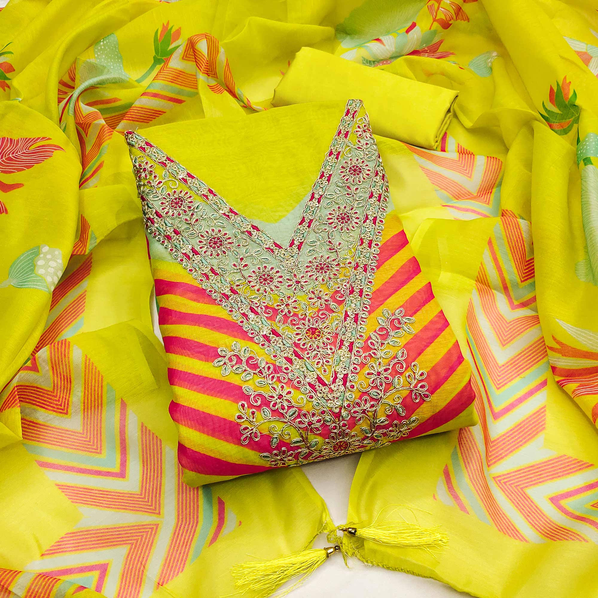 Lemon Green Floral Digital Printed With Cording Embroidered Vichitra Silk Dress Material