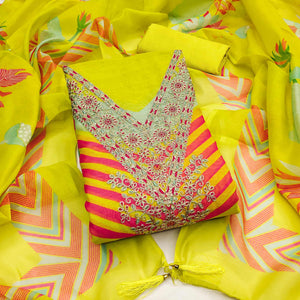 Lemon Green Floral Digital Printed With Cording Embroidered Vichitra Silk Dress Material