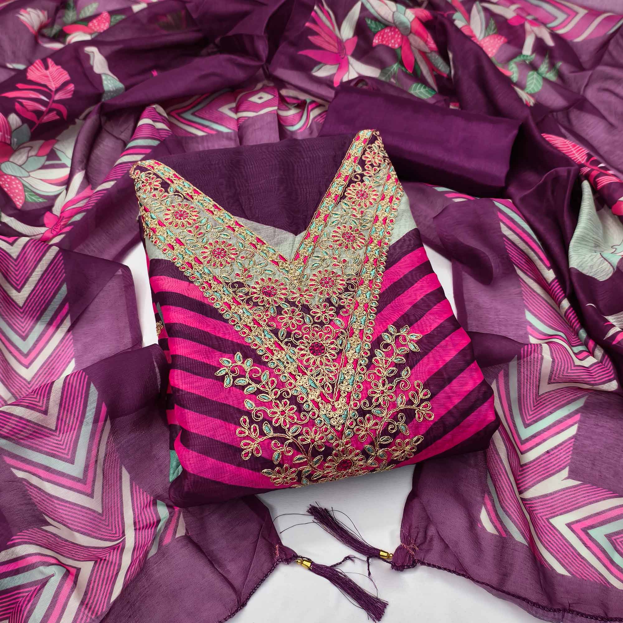 Purple Floral Digital Printed With Cording Embroidered Vichitra Silk Dress Material