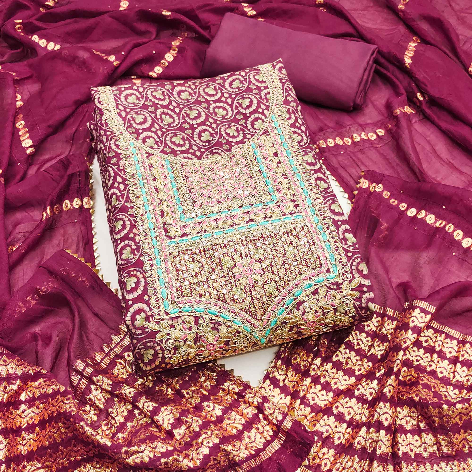 Elegant Dark Magenta Chanderi Silk Dress Material With Floral Print & Cording Embroidery