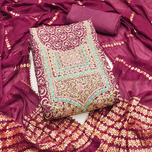 Elegant Dark Magenta Chanderi Silk Dress Material With Floral Print & Cording Embroidery