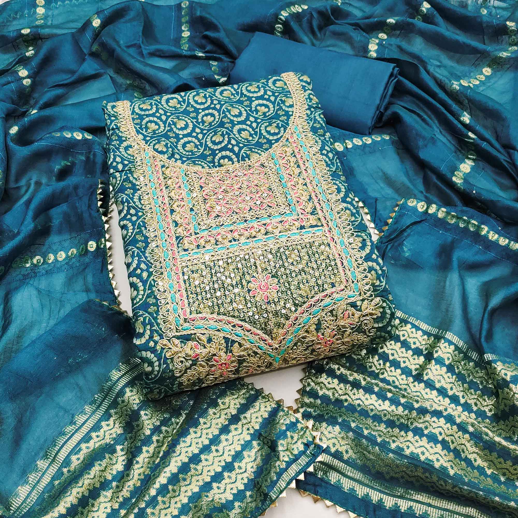 Elegant Morpich Blue Chanderi Silk Dress Material With Floral Print & Cording Embroidery