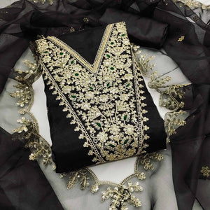 Black Organza Fabric With Delicate Floral Cording Embroidery & Shimmering Sequins Work