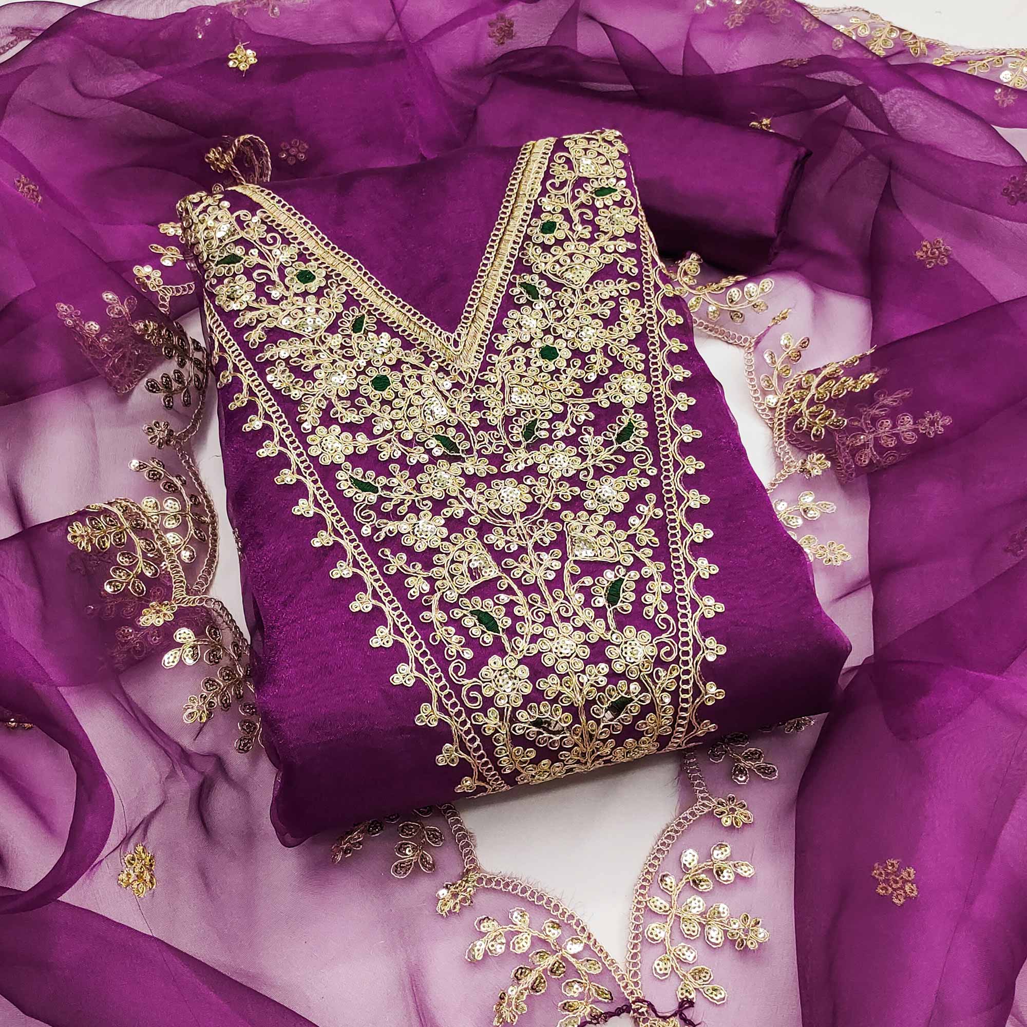 Purple Organza Fabric With Delicate Floral Cording Embroidery & Shimmering Sequins Work