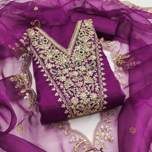 Purple Organza Fabric With Delicate Floral Cording Embroidery & Shimmering Sequins Work