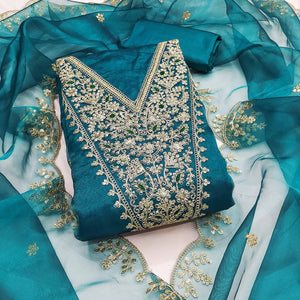 Rama Blue Organza Fabric With Delicate Floral Cording Embroidery & Shimmering Sequins Work