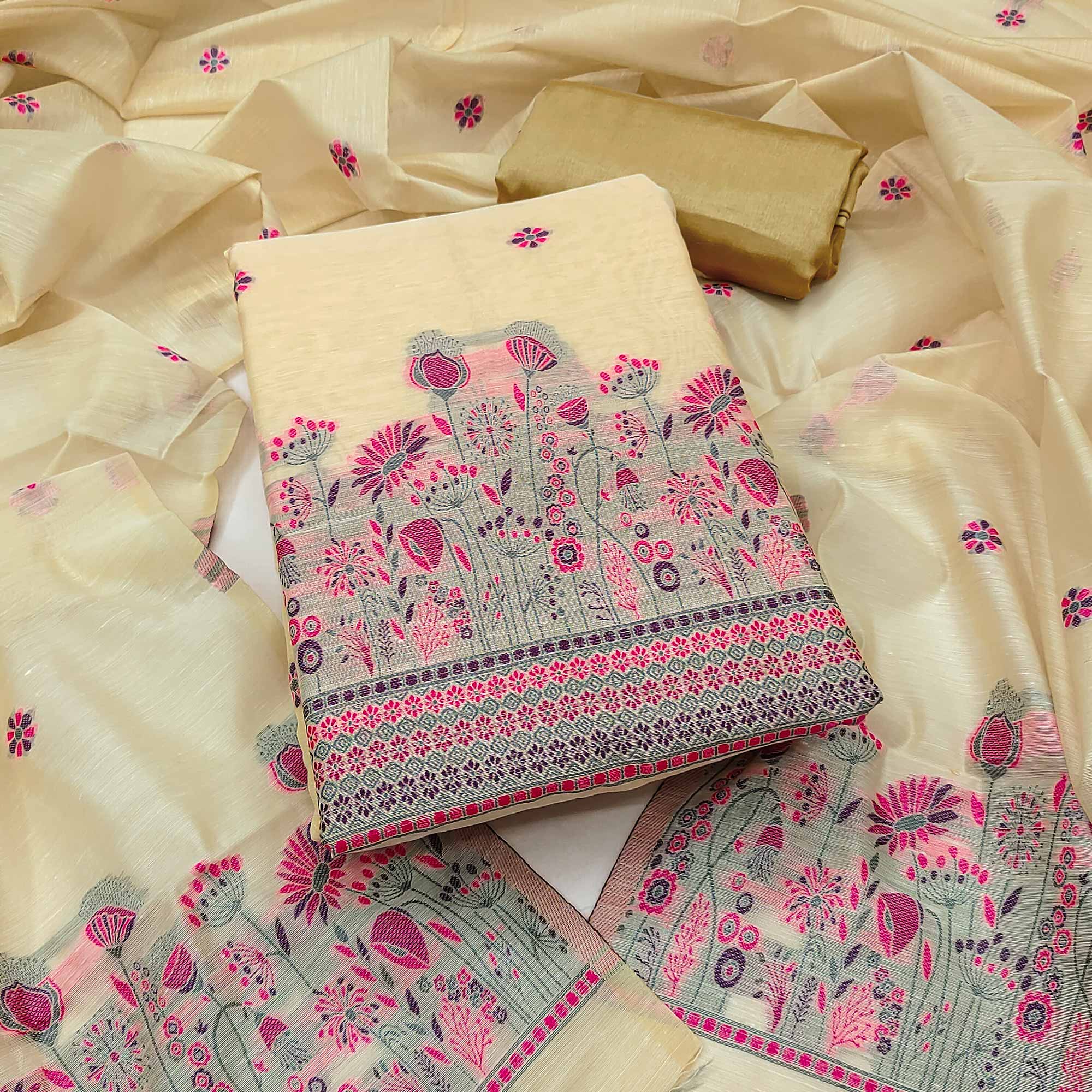 Cream and Magenta Dress Material Adorned with Floral Weaving on Chanderi Silk