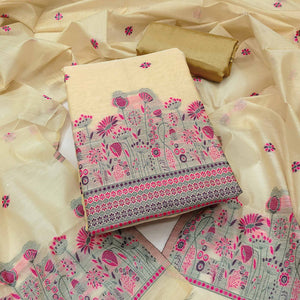 Cream and Magenta Dress Material Adorned with Floral Weaving on Chanderi Silk