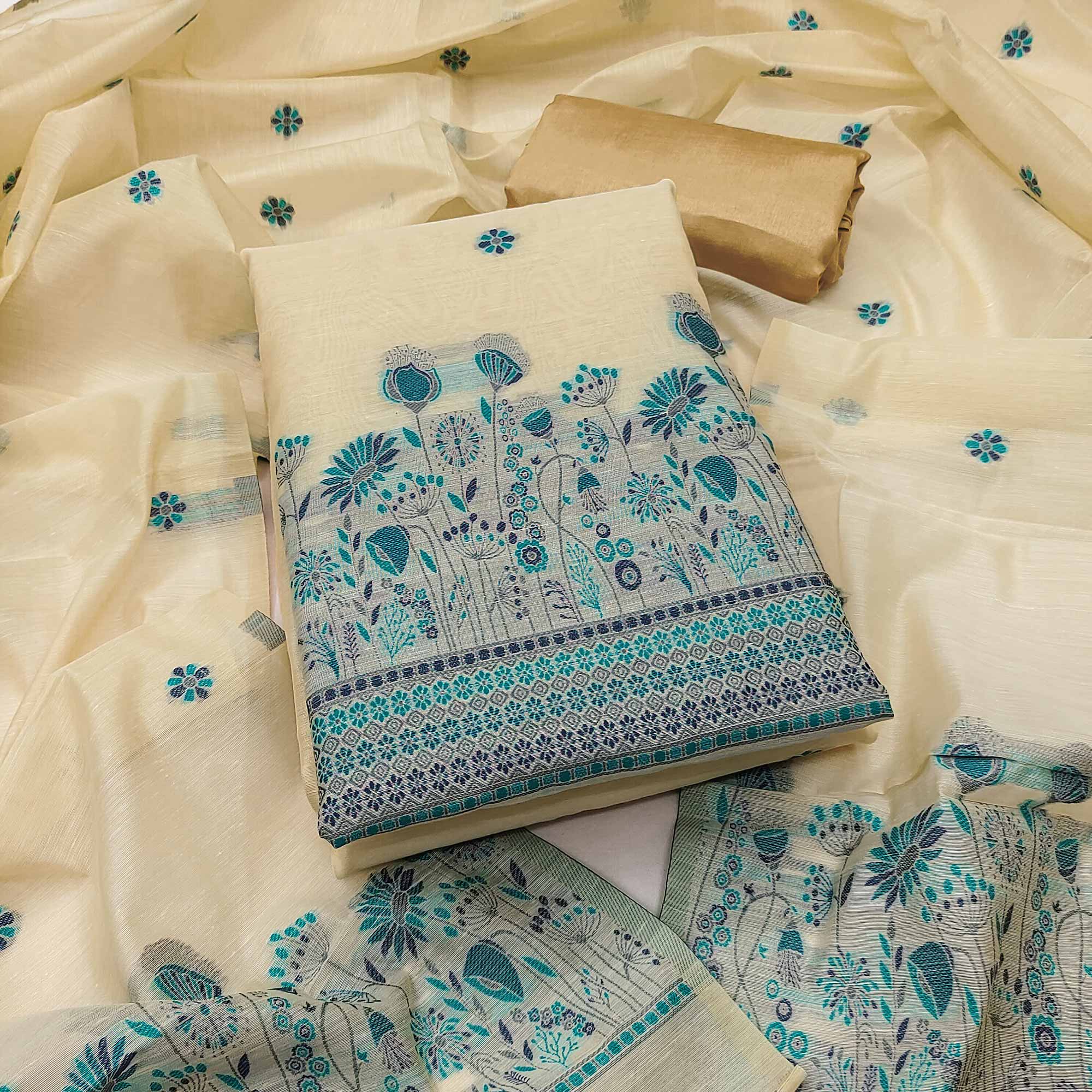 Cream and Blue Dress Material Adorned with Floral Weaving on Chanderi Silk