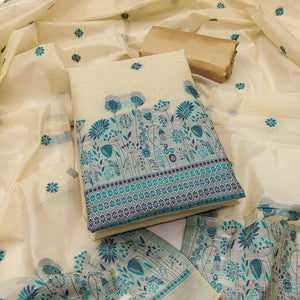 Cream and Blue Dress Material Adorned with Floral Weaving on Chanderi Silk